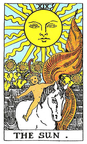 The Sun card depicts a radiant sun, a joyful naked child on a white horse, and four sunflowers, symbolizing happiness, success, vitality, and the sun's energy, illuminating the path ahead.