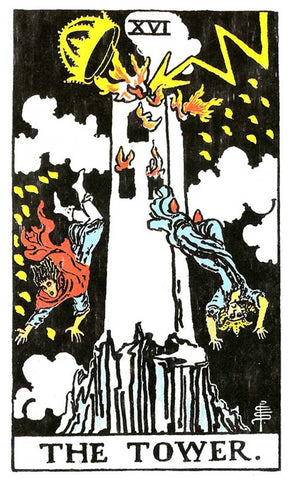 An image of the sixteenth card of the Major Arcana sequence in the Rider Waite Smith Tarot Deck: The Tower Tarot Card. The Tower shows a tall burning tower on top of a rocky mountain that got struck by lightning. Two people are falling from the windows, head first into the ground. There is a crown above the Tower in the stormy skies and twenty-two flames on the ground.