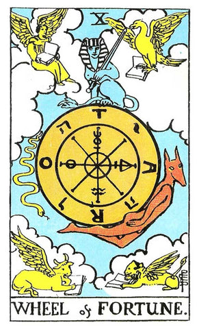 An image of the tenth card of the Major Arcana Cards in the Rider Waite Smith Tarot Deck: The Wheel of Fortune Tarot Card. The card has a giant wheel in the middle that symbolizes Greek mythology surrounding the three women called the Fates. The wheel's face is covered in symbols; the outer circle has the Letters TORA, while the inner circles have alchemical symbols. Four winged creatures represent the four fixed signs of the Zodiac, and the other three figures on the card symbolize the Egyptian God.