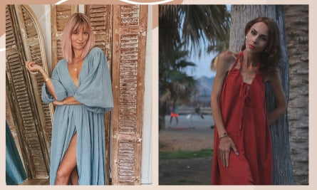 a blonde women in a maxi blue dress and a brunette wearing a red dress