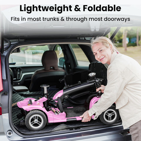 D41 pink mobility scooter is folded into the car