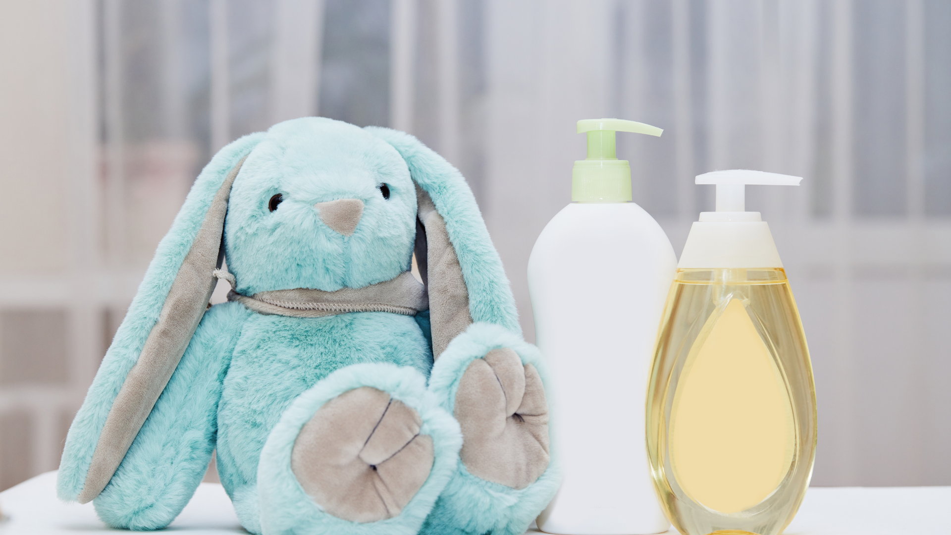 bunny and baby bath supplies in bathroom