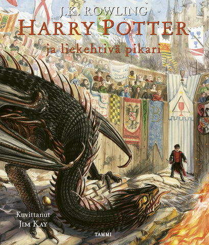 Kuvassa on kirjan kansi: Harry Potter ja liekehtivä pikari (kuvitettu). Kannen kuvituksista on vastannut Jim Kay. Kirjan kannessa Harry Potter taistelee ison lohikäärmeen kanssa turnausareenalla.