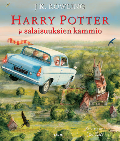 Kuvassa on kirjan kansi: Harry Potter ja salaisuuksien kammio (kuvitettu). Kannen kuvituksista on vastannut Jim Kay. Kirjan kannessa Harry Potter ja Ron Weasley lentävät englantilaisen maaseudun yllä Ford Anglianilla.