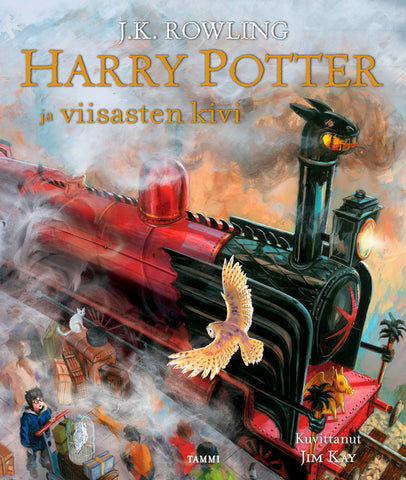 Kuvassa on kirjan kansi: Harry Potter ja viisasten kivi (kuvitettu). Kannen kuvituksista on vastannut Jim Kay. Kannessa Tylypahkan juna on ottamassa Harry Potteria ja Hedwig-pöllöä kyytiin.