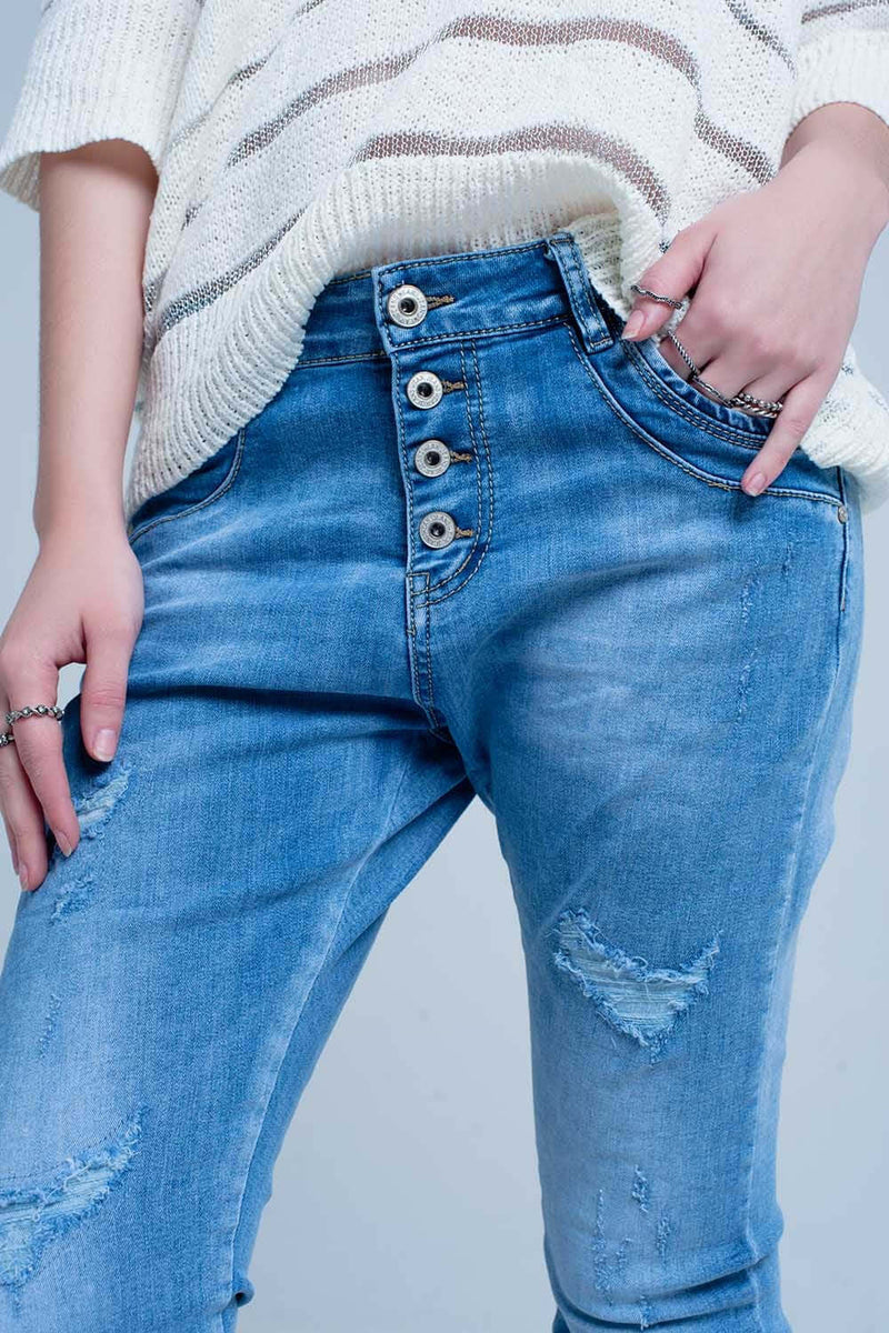 Blue Distressed Boyfriend Jeans, $63, Women's Fashion - Women's Clothing - Jeans, Size: Large, Medium, Small, Extra Large, Extra Small, ENJ5