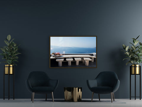 Santorini Bench With A view metal print by Brad Scott
