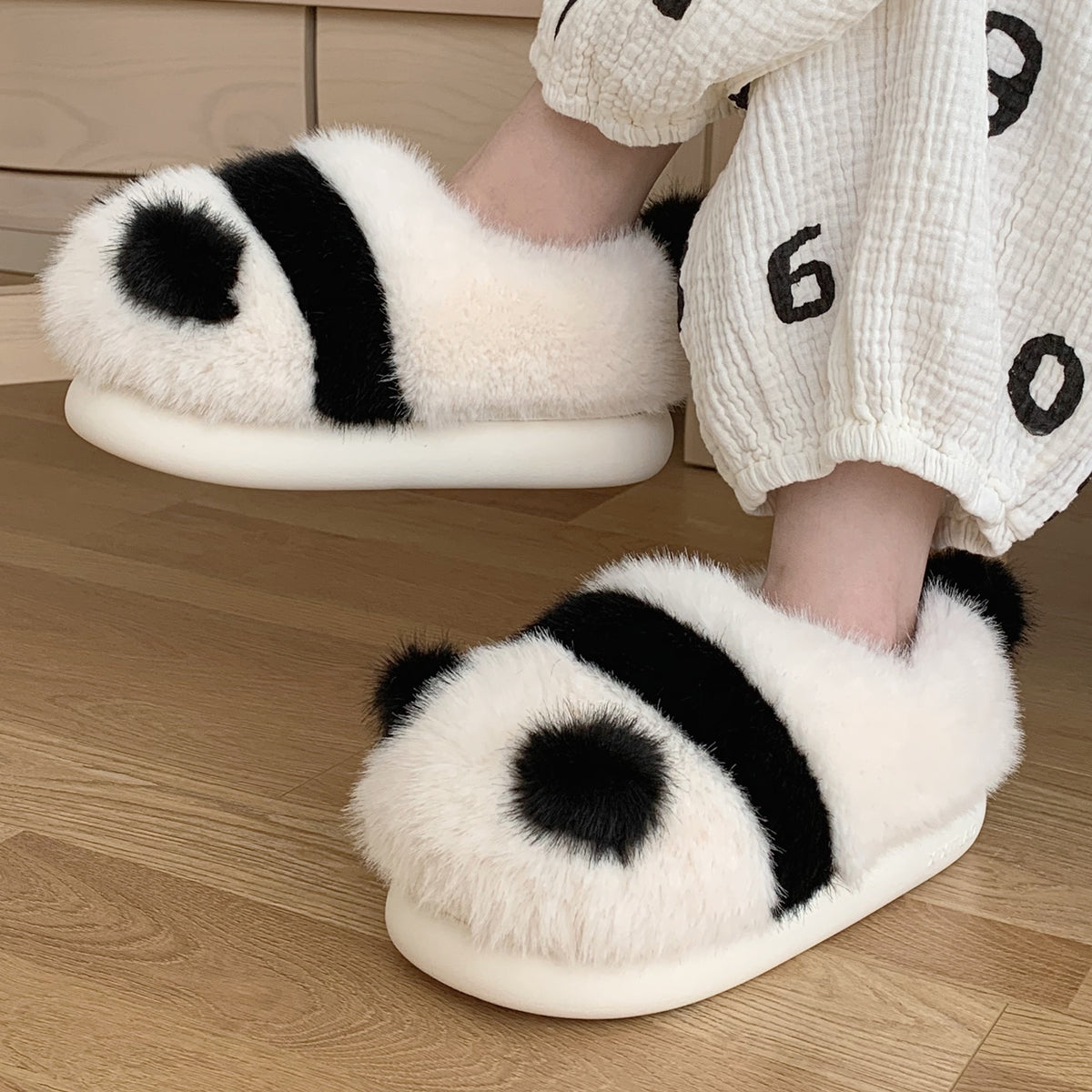 Panda Slippers - Black White Fluffy Animal Fuzzy Indoor Bedroom Shoes, Adult – ShoeWee