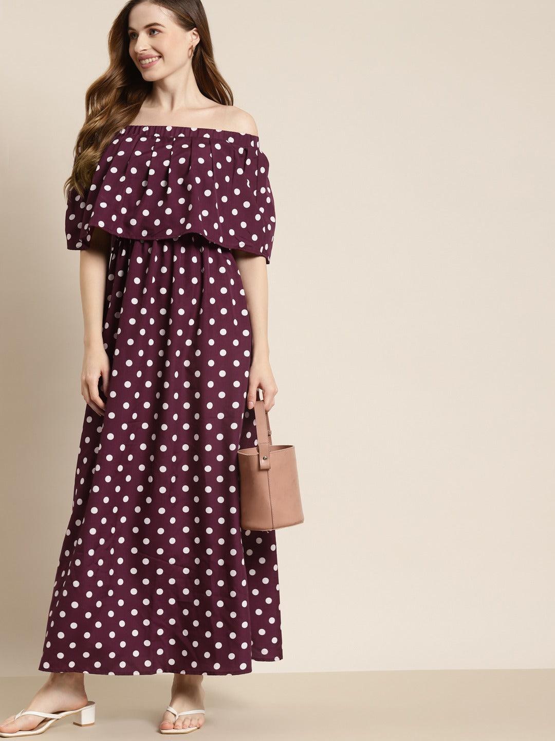 off the shoulder white polka dot dress