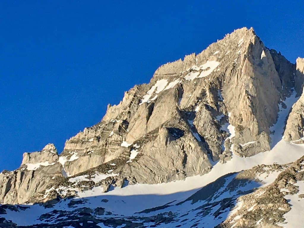 Bear Creek Spire in California's Eastern Sierra. Snow on the mountain.