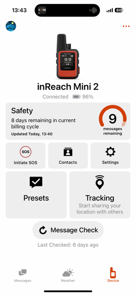 screenshot of messenger app interface on garmin inreach mini 2