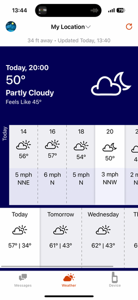 screen shot of garmin inreach mini 2 weather forecast