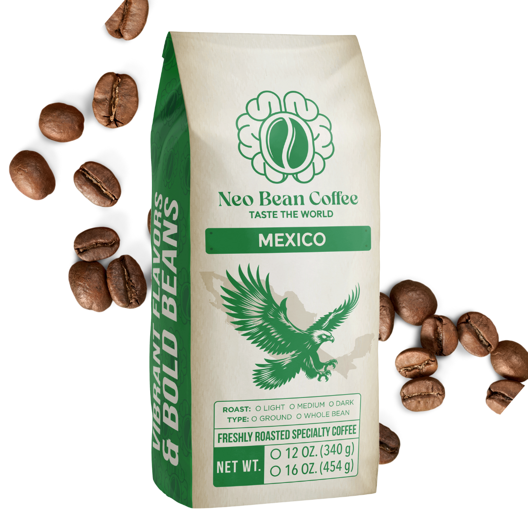 Close-up of freshly roasted Mexican coffee beans, showcasing their deep brown hue and smooth texture, ideal for a light-bodied, flavorful brew.