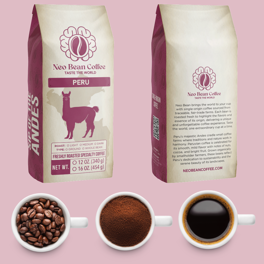 Neo Bean Coffee Peru bag with a llama illustration, whole beans, ground coffee, and brewed coffee.