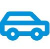 Blue car icon with simple, block-like design and rounded wheels.