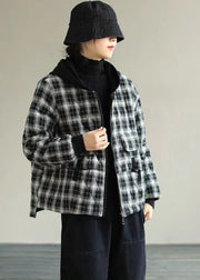 Women Black Plaid Hooded Fine Cotton Filled Puffers Jackets Winter