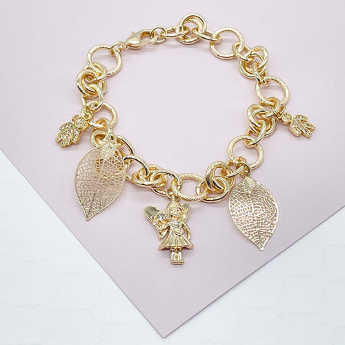 18K Gold Filled Pink Charm Bracelet with Heart & Keys Wholesale Jewelry