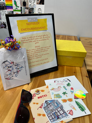 A photo of the gifts for youth is shown, with a wrapped package and then the individual bits and pieces laid out. 