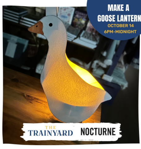 a promo graphic for nocturne showing the paper goose lantern and logos for both The Trainyard & Nocturne