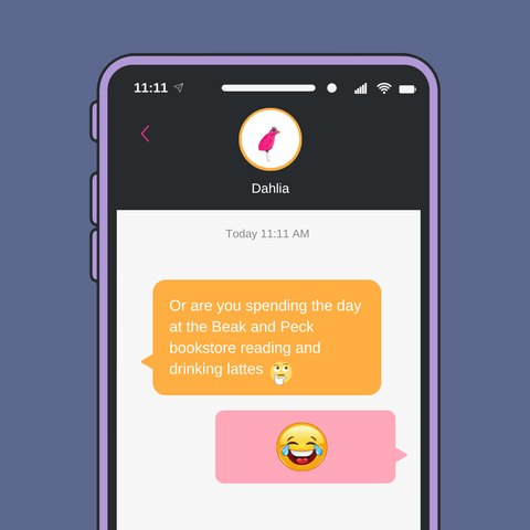 Image of a phone with a text that says "or are you spending the day at The Beak and Peck bookstore reading and drinking lattes?"