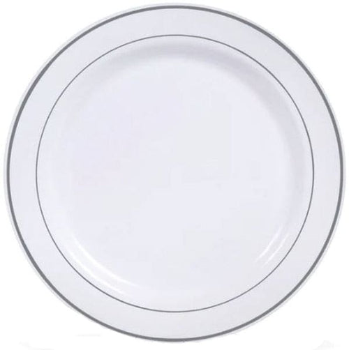 White with Silver Trim 12in Round Plastic Plates 6ct