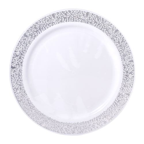 White 10.25in Round Plastic Plates with Silver Lace Border Print 8ct