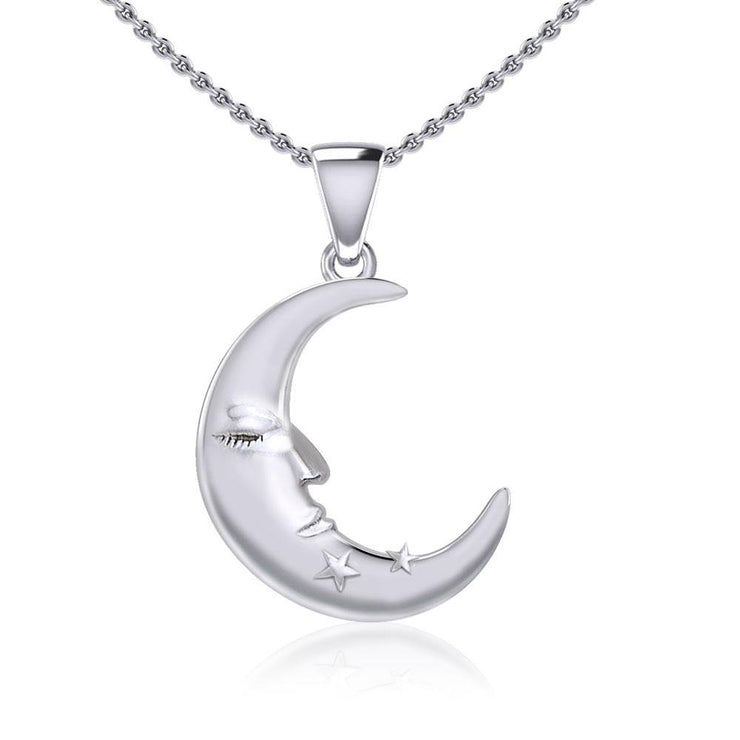 Crescent Moon Face with Stars Silver Pendant TPD5642 Pendant