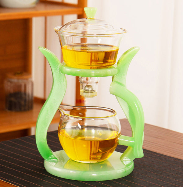 RORA Lazy Kungfu Glass Tea Set Semi Automatic Drip Rotating with Infuser  Glass Teapot Set (6 cups)