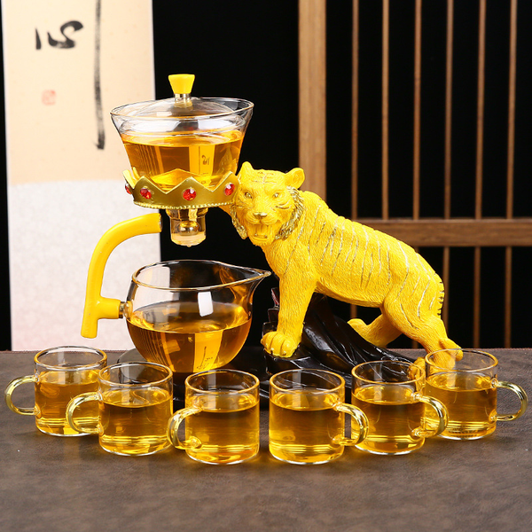  RORA Lazy Kungfu Glass Tea Set Semi Automatic Drip Rotating  with Infuser Glass Teapot Set (Money Tree Tea Set+6 cups) : Everything Else