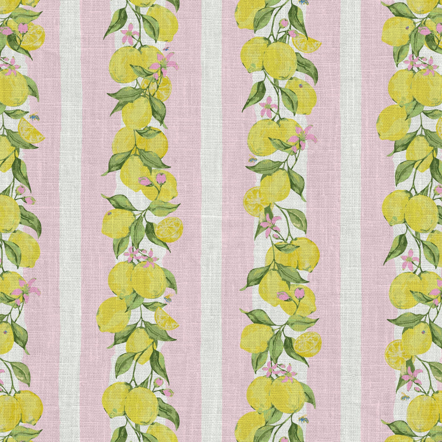 Love is a Lemon Field in Pretty in Pink Stripe on Linen Wallpaper