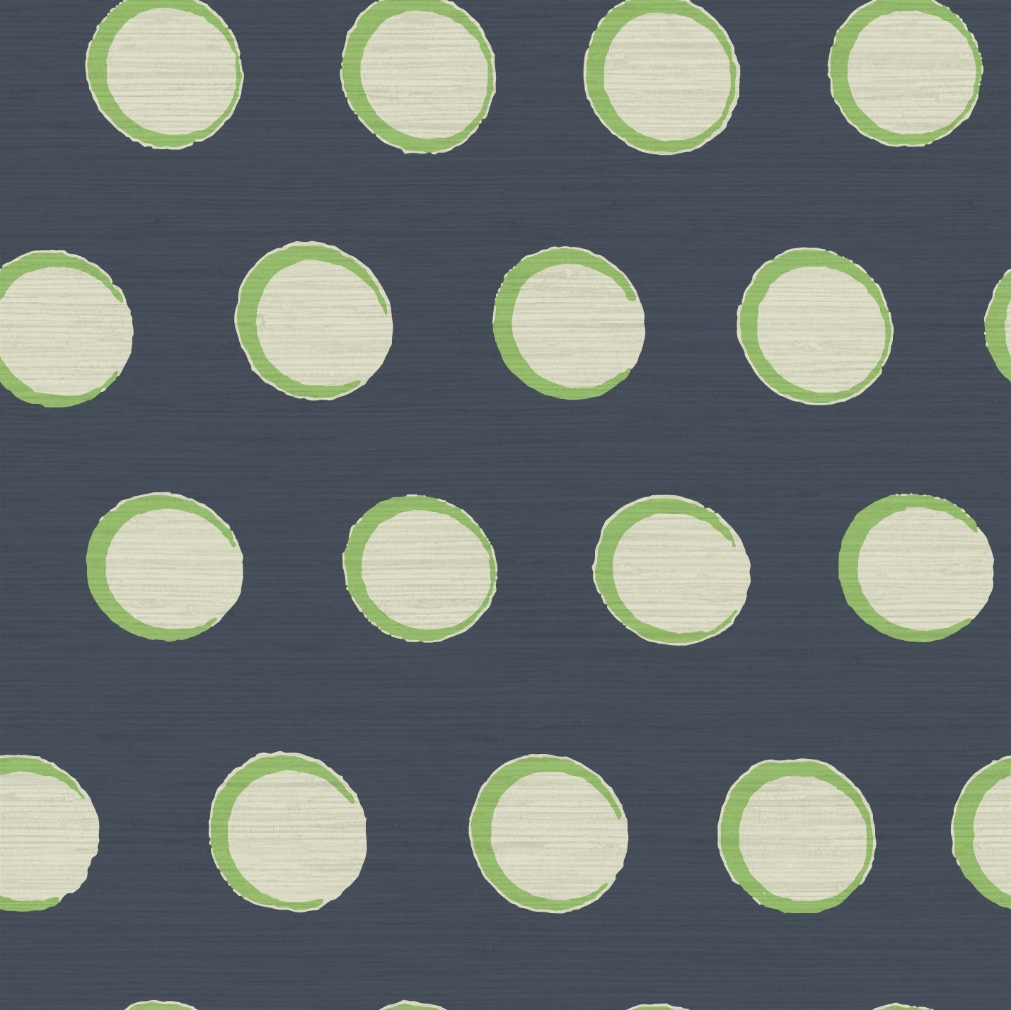 grasscloth printed wallpaper in navy blue printed base color with oversized cream dots with pea green outline laid out in a geometric pattern