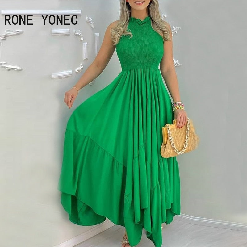 UForever21 Women Elegant Dress Plain Sleeveless Ruched Maxi Pleated Dress Summer Dress