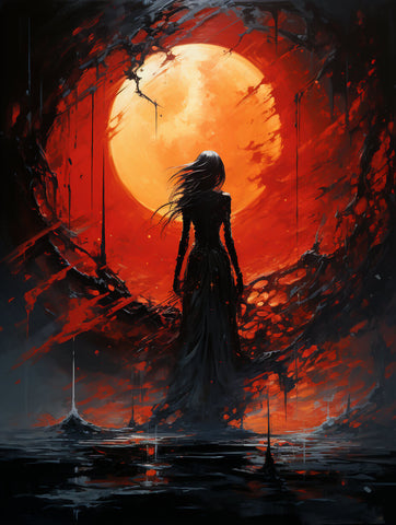 The Blood Banshee in front of a crimson moon