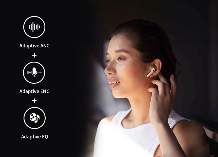 A girl watching the phone wearing EDIFIER TO-U6+ wireless earbuds