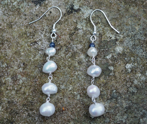 pearl and sterling silver earrings with sapphires on 