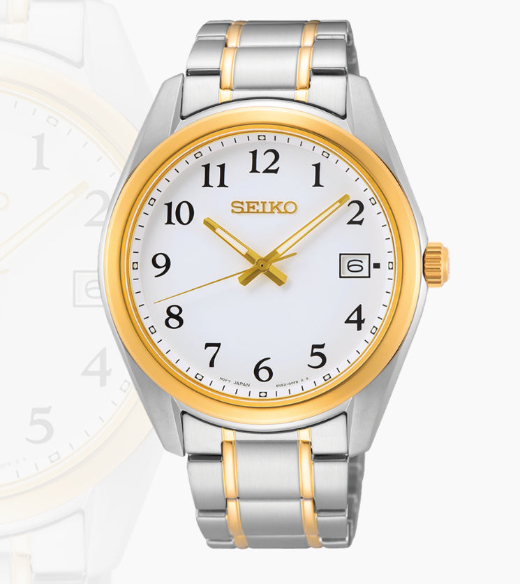 Seiko Gents stainless steel two tone SEIKO watch with full figure dial,  date and sapphire crystal 100m water resistant | HENRI POST JEWELLERS –  Henri Post Jewellers