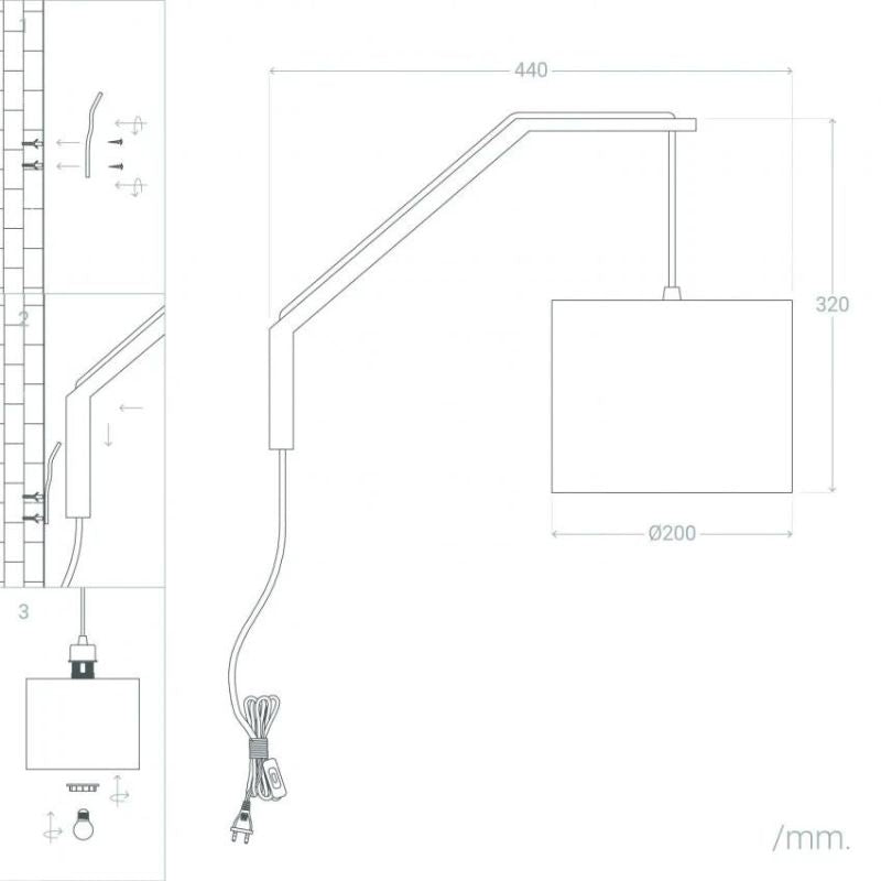 Taille de la lampe de chevet equerre bois