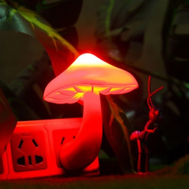 petite veilleuse champignon allumée en rouge