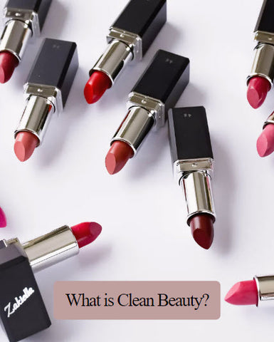 Zakiella lipsticks shown in a wide range of shades with a text saying What is Clean Beauty?