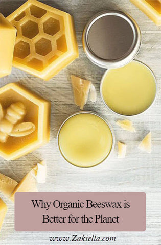 Beeswax molded in the shape of a honeycomb, along with aluminium tins of balm made with beeswax shown with the text saying: Why organic beeswax is better for the planet
