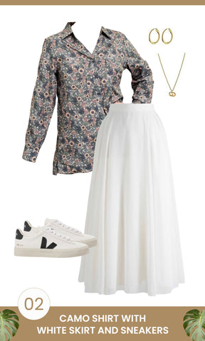Camo Shirt with White Skirt and Sneakers