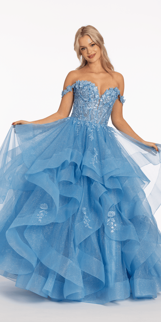 Women's bright blue high-low satin party gown with all over rich