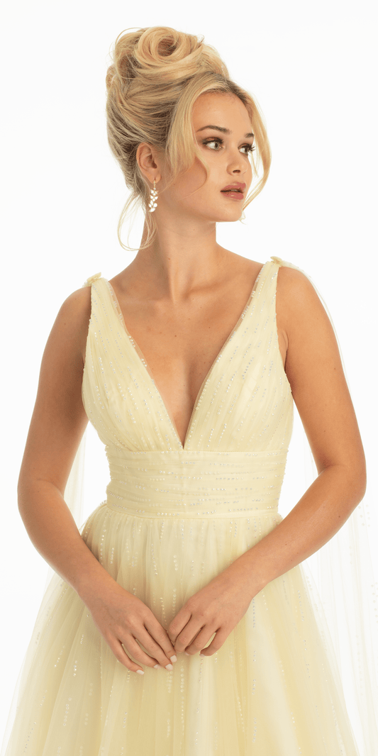 Pearl Beaded Illusion Neck Glitter A-Line Gown – Camille La Vie