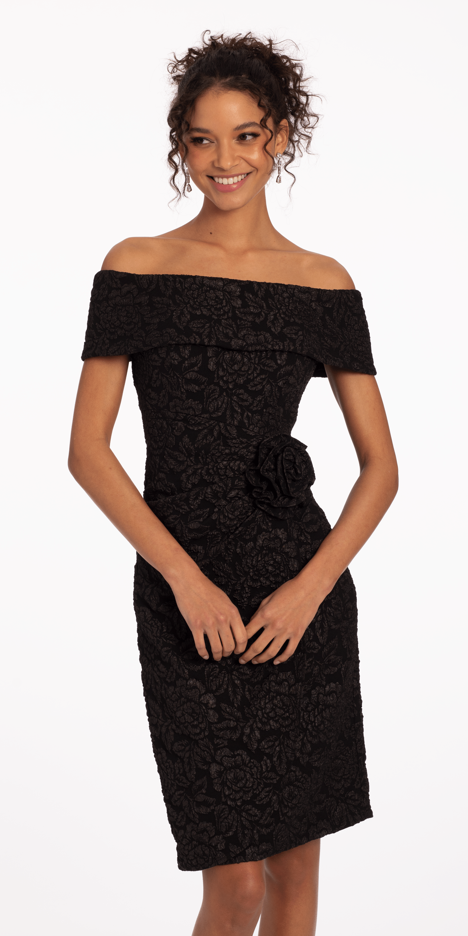 Jacquard Off the Shoulder Dress with Side Rosette