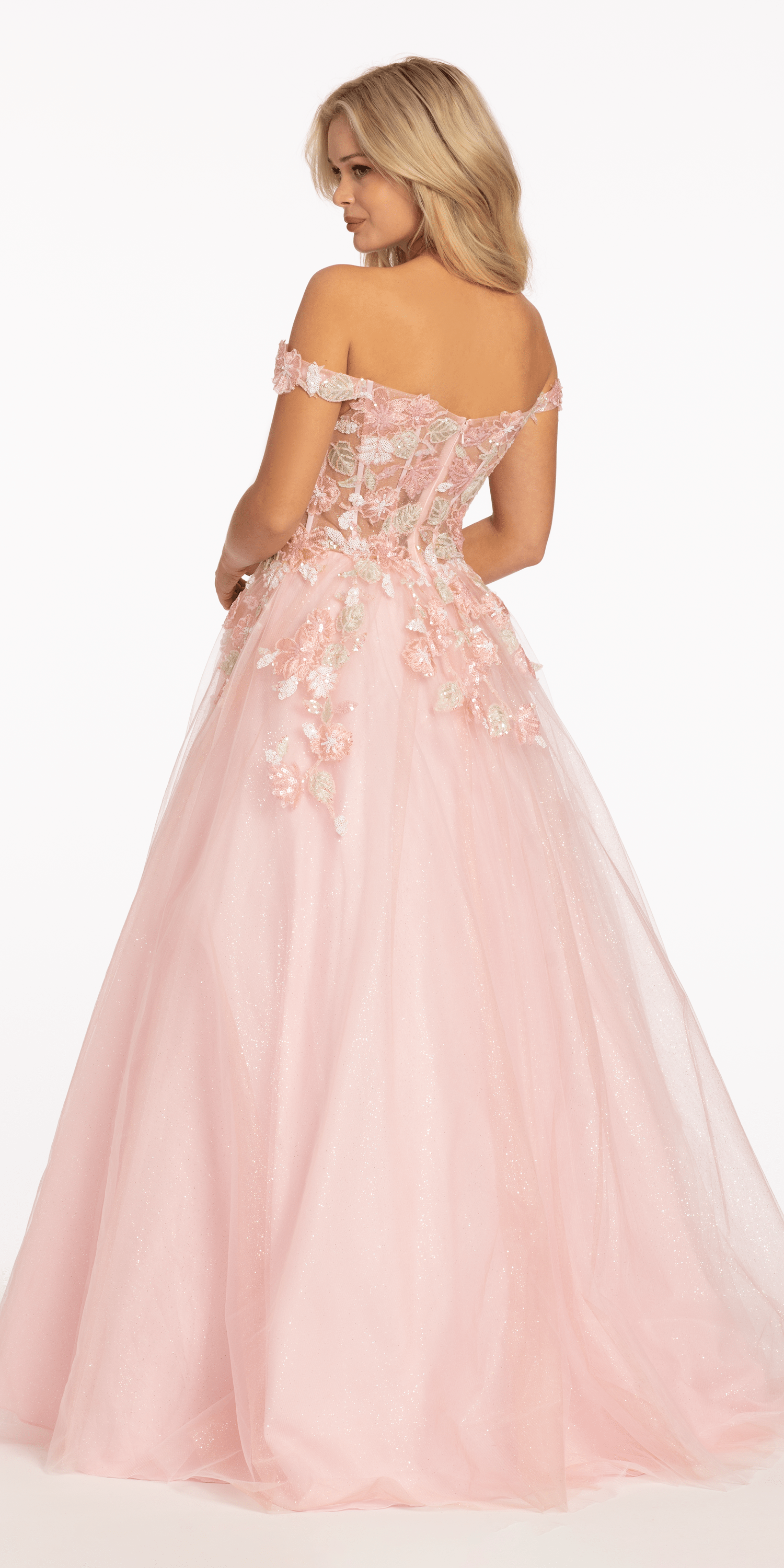 Off the Shoulder Tulle Ballgown with Sequin Floral Detail