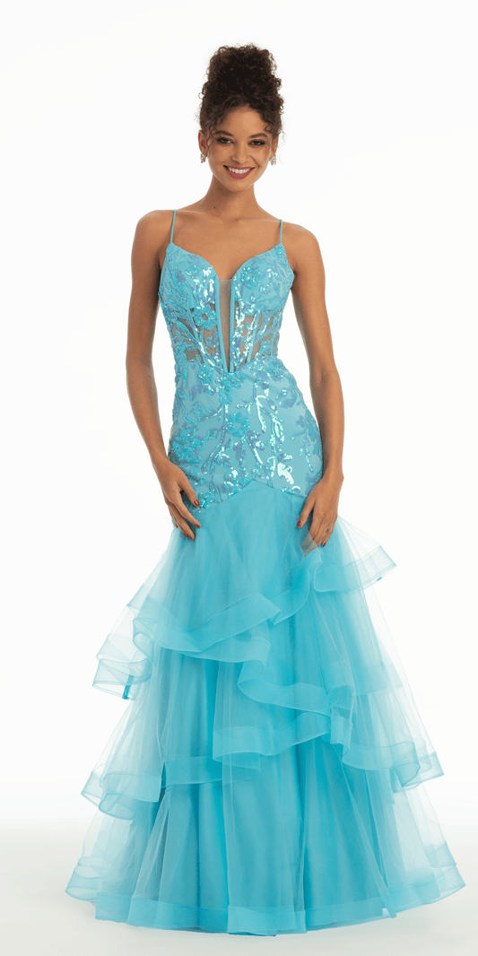 Plunging Lace Applique Taffeta Mermaid Dress – Camille La Vie