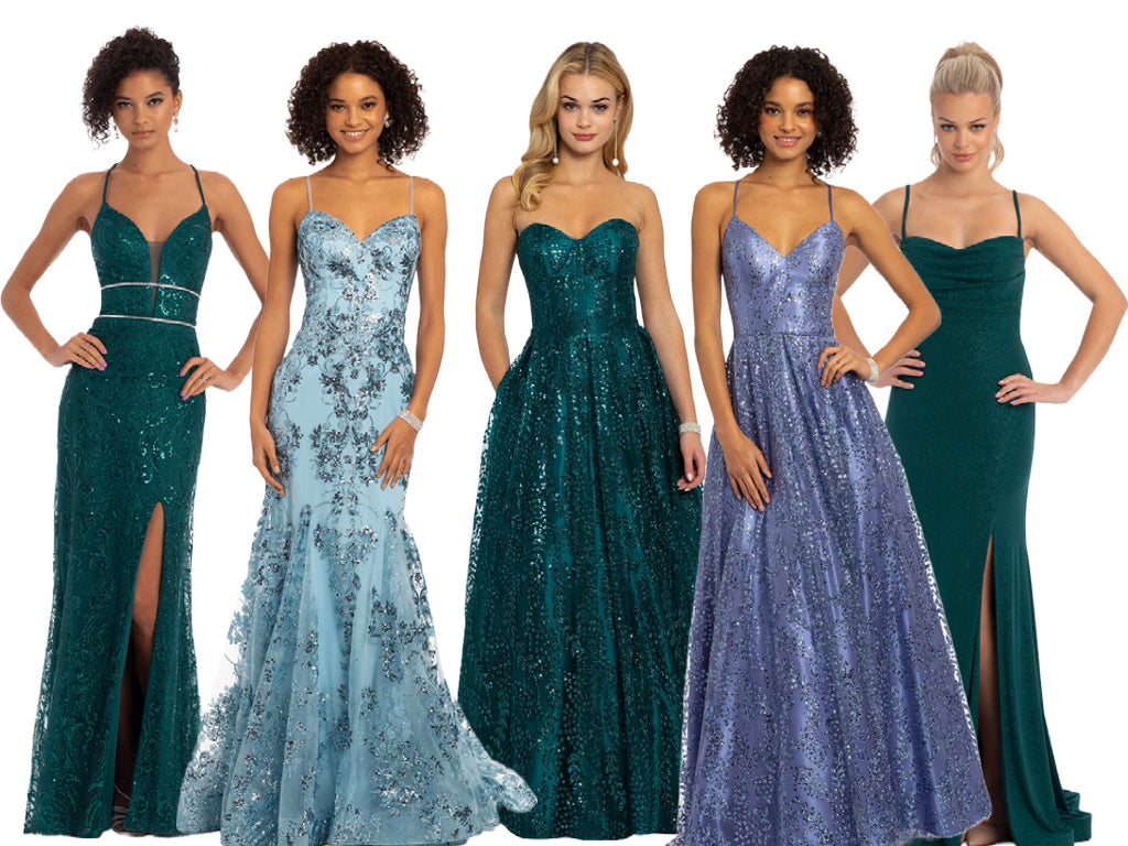 green and blue glitter prom dresses