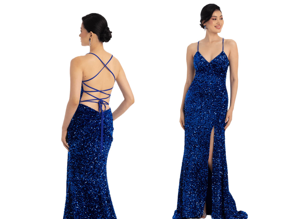 royal blue sequin cross back prom dress 2023