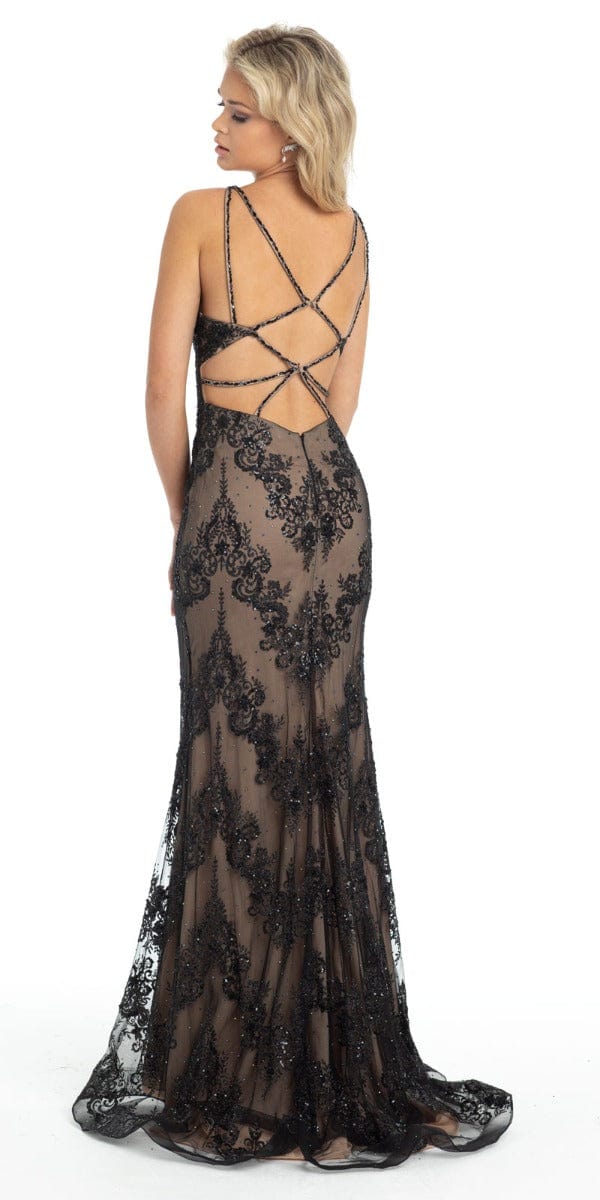 Plunging Lace Strappy Back Mermaid Dress