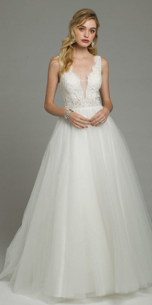 Sleeveless Floral Applique Tulle Ball Gown with Button Back